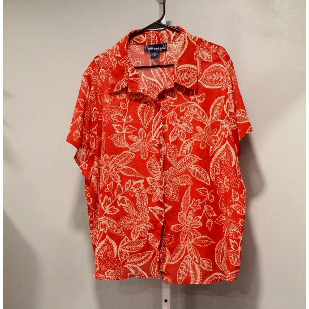 Susan Graver Style Size 2XL Rust/White Sheer Tropical Print Blouse Cruisewear
